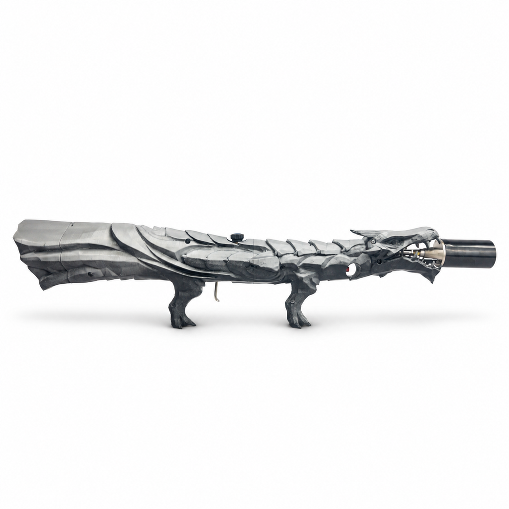 Silver Fang Dragon's Breath dragon-shaped flame display with a hand-painted silver and charcoal finish