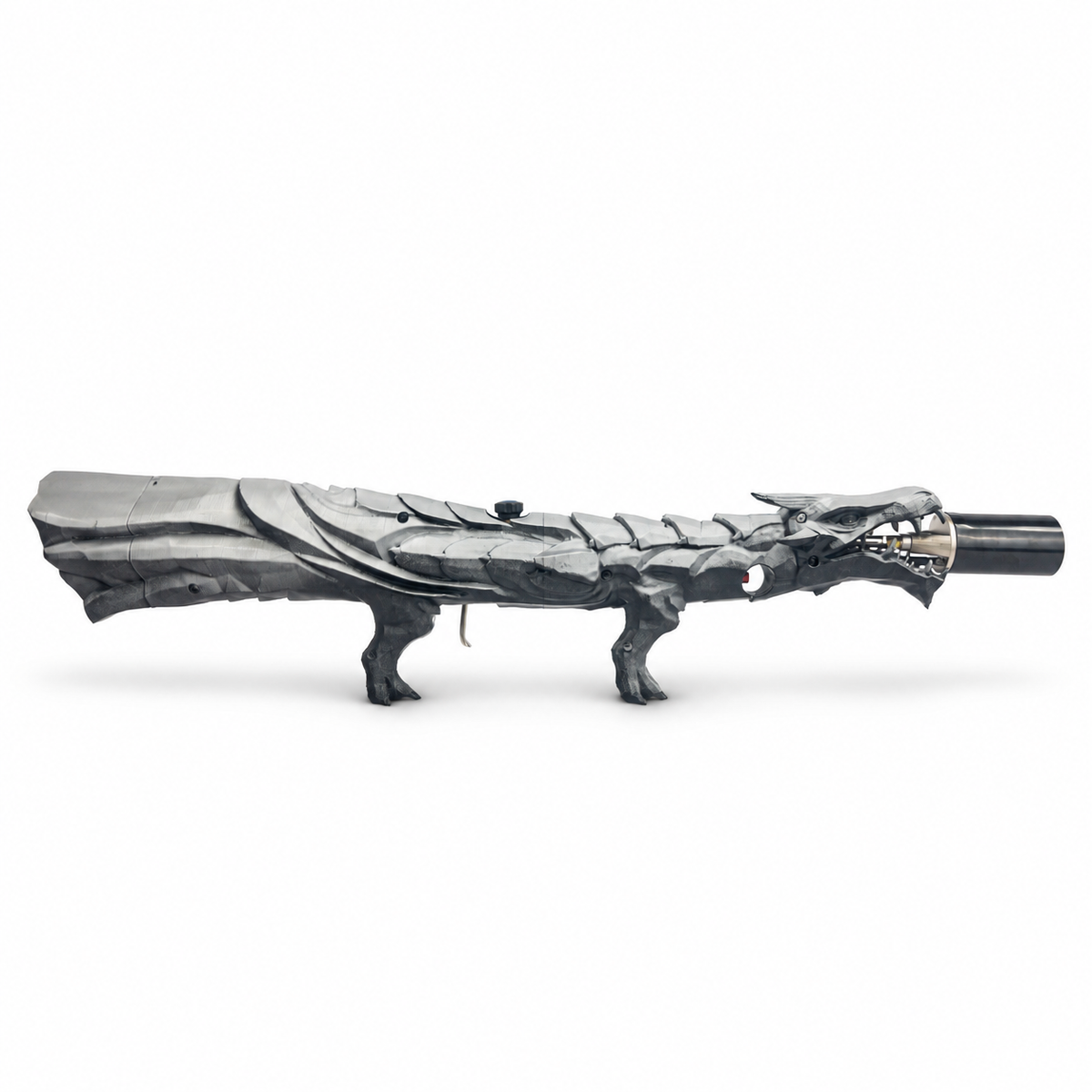 Silver Fang Dragon's Breath dragon-shaped flame display with a hand-painted silver and charcoal finish