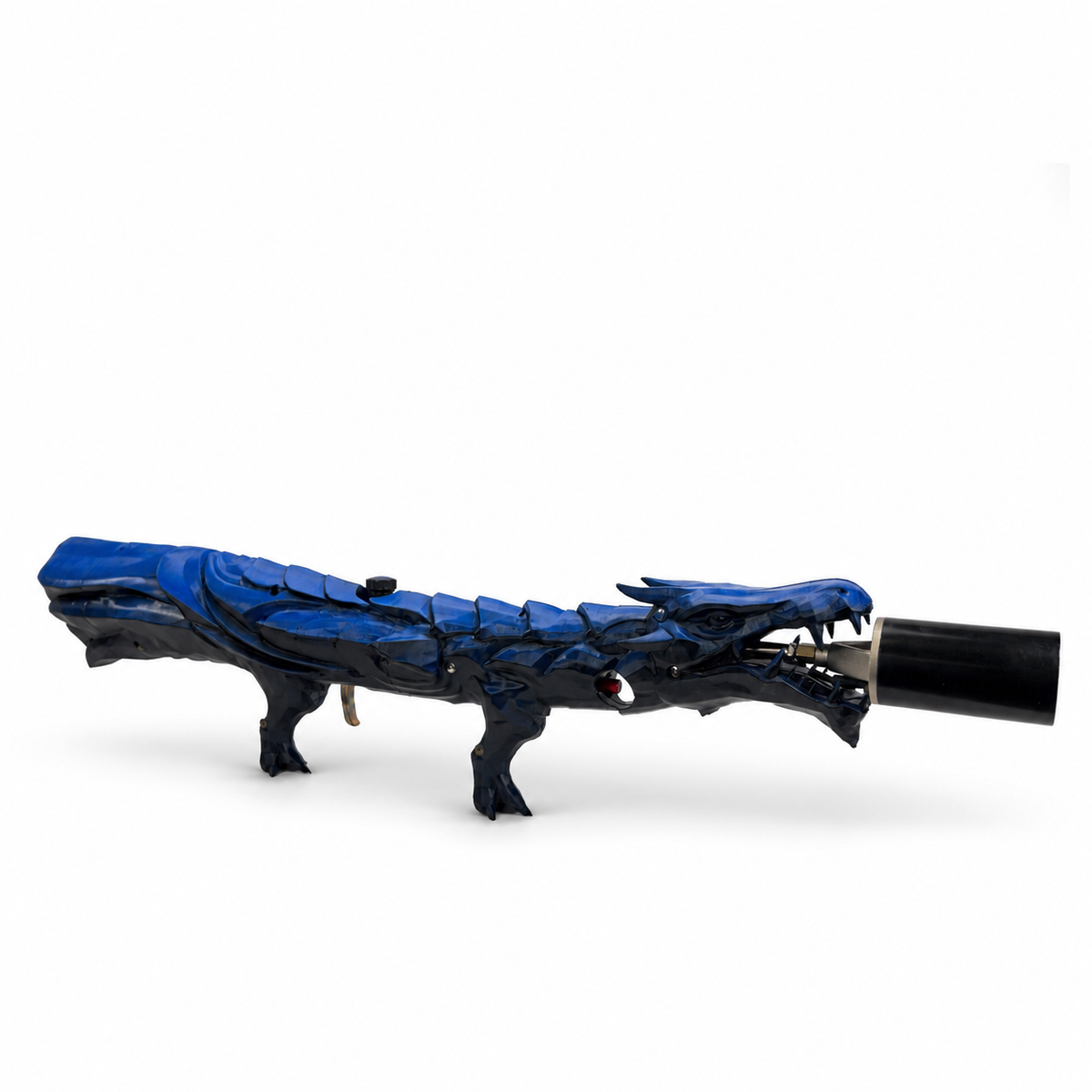 Tidal Blue Dragon's Breath FT - angled view of its dragon-shaped flame display and hand-painted blue and dark-shaded finish