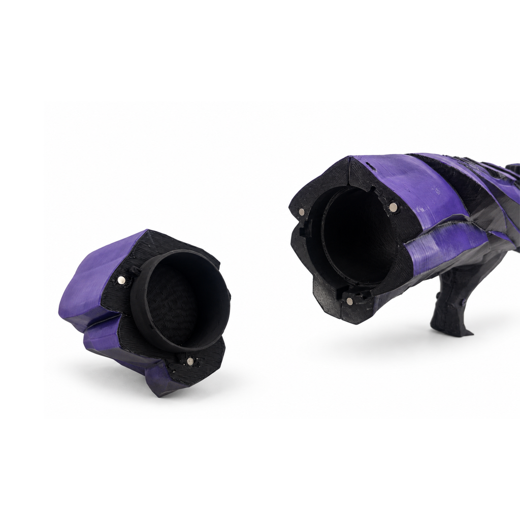 Midnight Purple Dragon's Breath FT - Endcap view featuring the fuel system. Featuring shaded purple paint along the detailed dragon body.