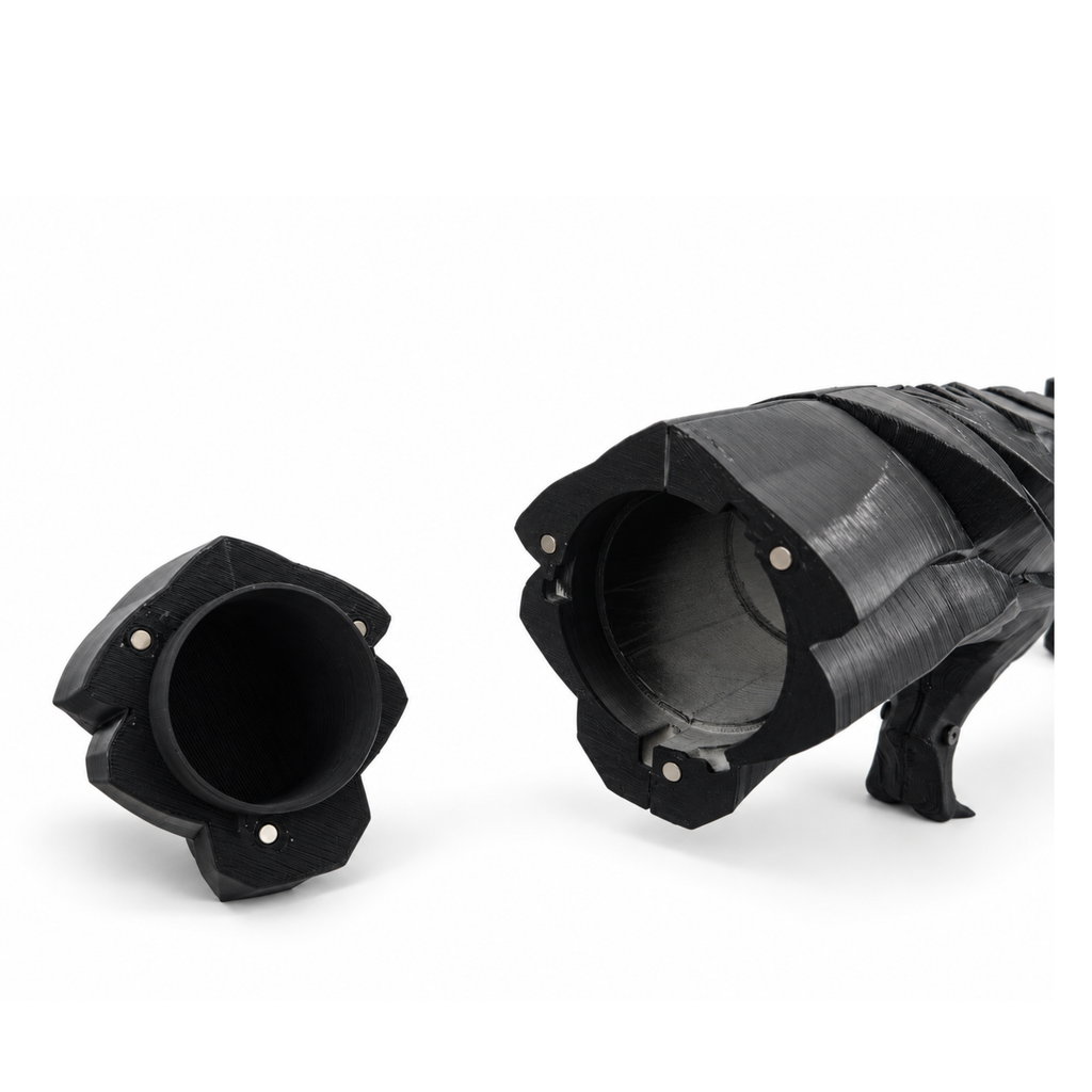 Ashen Black Dragon's Breath FT End Cap view highlighting the fuel system. With hand-painted graphite highlights against the dark exterior.