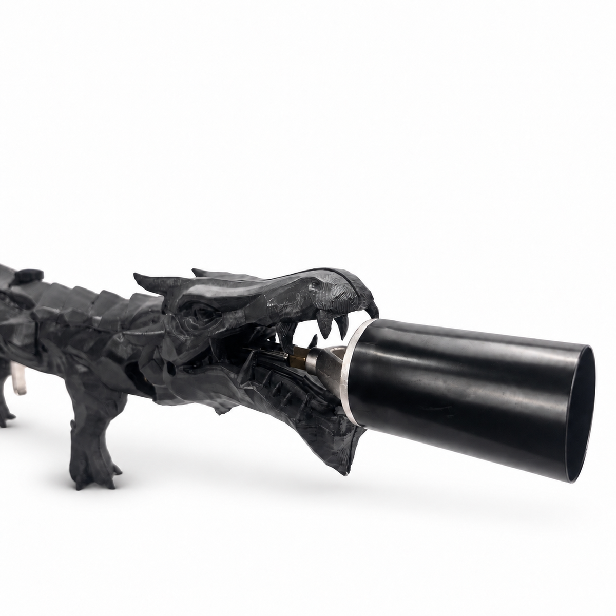 Front-facing view of Ashen Black Dragon's Breath FT with dark sculpted dragon head details.